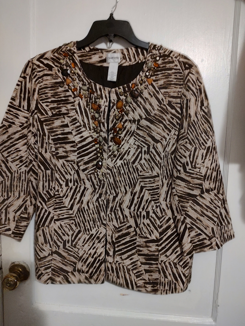 Beaded Neutral Patterned Women's Top - Brown & Cream